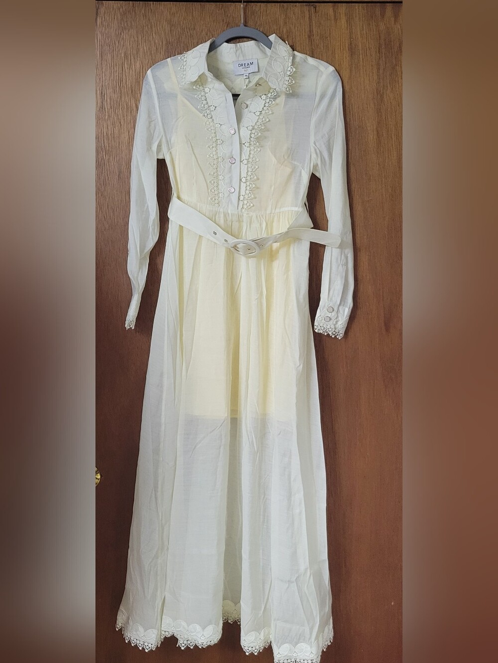 Dream Catcher Designer Vintage-Inspired Cream Lace Maxi Shirt Dress with Belt